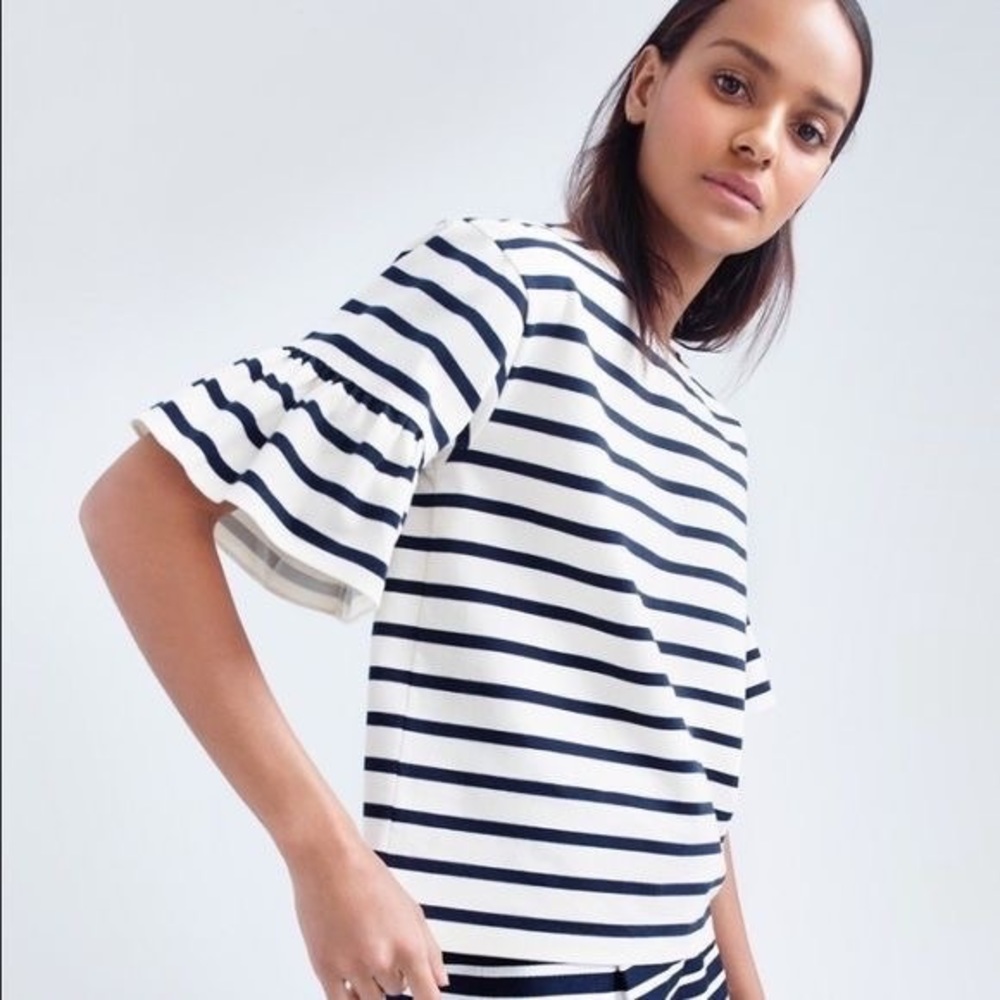 J.Crew Navy Striped Ruffle Sleeve Top